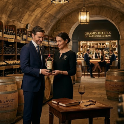 The historic wine cellar of a luxury hotel, where sommeliers select an exceptional grand cru