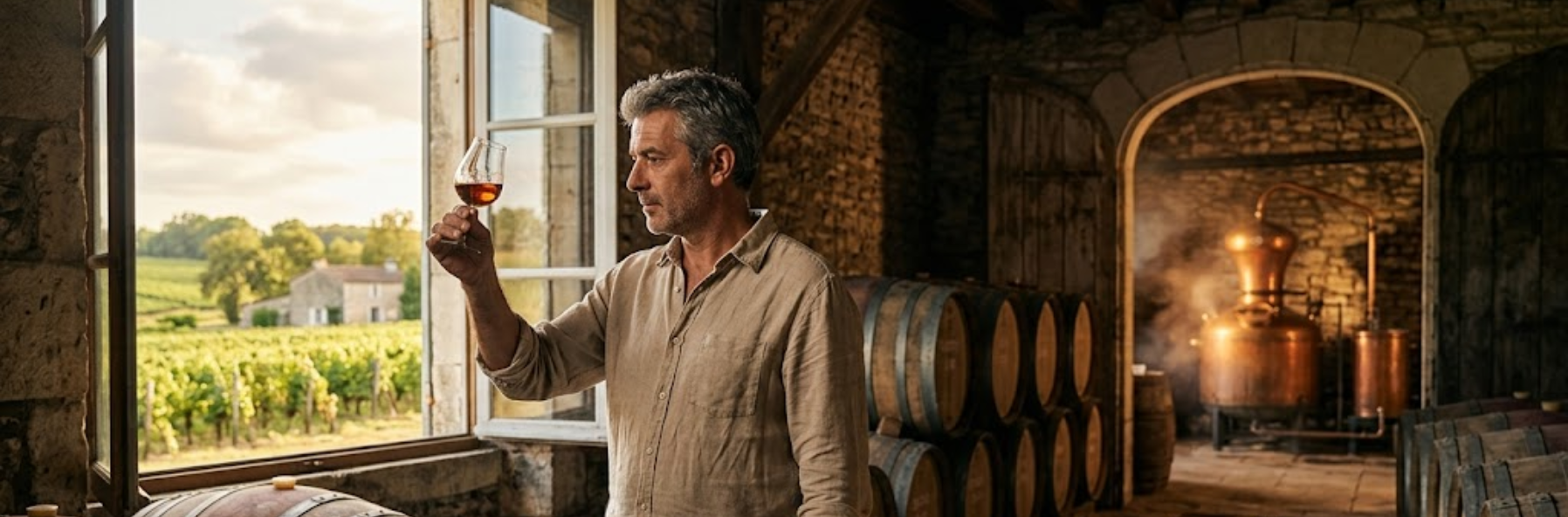 Producteur de Cognac dans un chai traditionnel de Charente inspectant un verre d'eau-de-vie ambrée, avec alambics charentais en cuivre et fûts de chêne du Limousin en arrière-plan