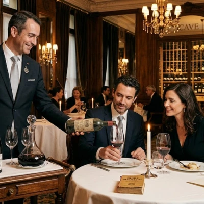 A sommelier serves a grand cru at a table in a Parisian fine-dining restaurant, next to a side table displaying prestigious bottles and a Michelin Guide