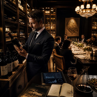 A wine and spirits buyer at a luxury hotel, analyzing bottles of grand cru wine in a lavish wine cellar, surrounded by tasting glasses and selection notes