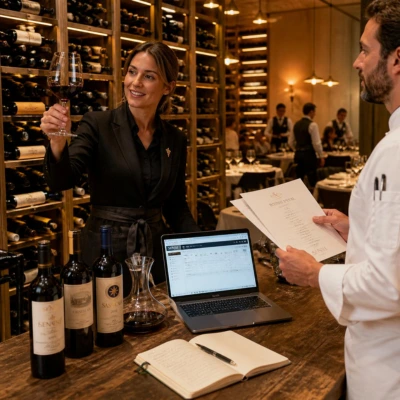 A female sommelier tasting a glass of wine while discussing food and wine pairings with a chef in the wine cellar of a fine-dining restaurant