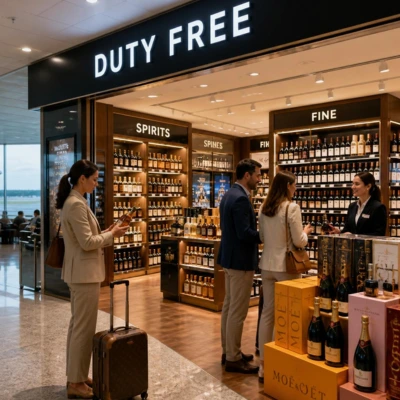 Boutique duty-free de luxe dans un aéroport international présentant des vins, champagnes et spiritueux haut de gamme