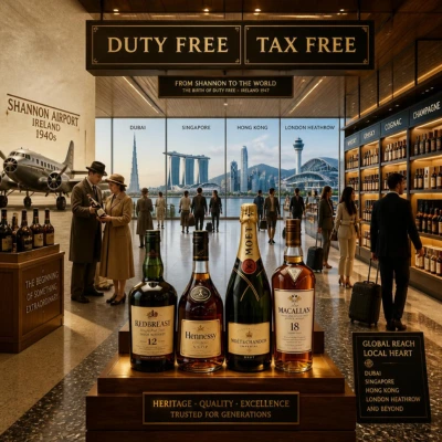 Interieur d'une boutique duty-free luxueuse dans un aéroport avec des voyageurs examinant des bouteilles de vins et spiritueux d'exception