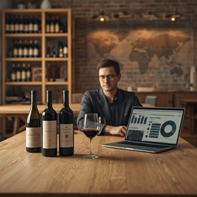 A wine importer working at his desk with a glass of wine, bottles, and a computer displaying import logistics