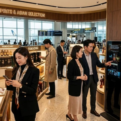 Voyageurs asiatiques dans une boutique duty-free luxueuse sélectionnant des éditions limitées de champagne et spiritueux, avec bornes interactives, application de pré-commande et expérience digitale immersive