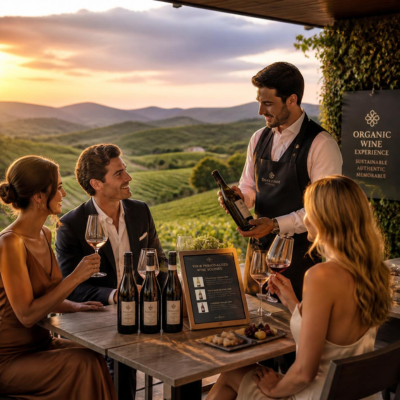 Luxury hotel terrace overlooking a vineyard at sunset, organic wine tasting with a personalized digital menu and a sommelier, sustainable wine tourism experience