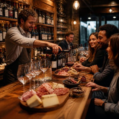 A cozy wine bar with a sommelier serving by the glass, charcuterie and cheese platters, and a selection of carefully chosen bottles