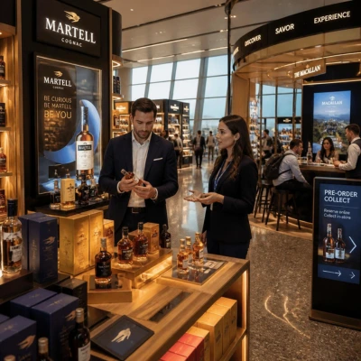 Acheteur vins et spiritueux duty-free sélectionnant des bouteilles premium dans une boutique aéroportuaire luxueuse, avec présentoirs tête de gondole, packaging voyage, dégustation et bornes digitales