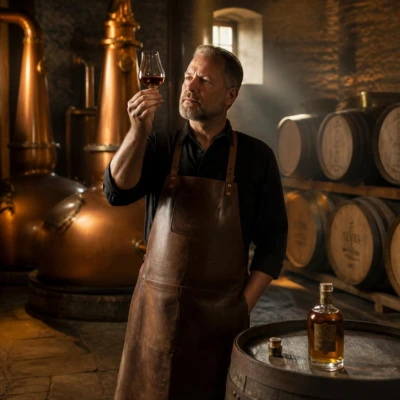 Producteur de whisky inspectant un verre de whisky ambré dans une distillerie traditionnelle, avec alambics en cuivre et fûts de chêne en arrière-plan