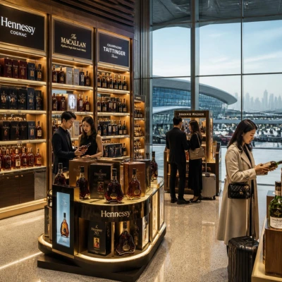 Boutique duty-free vins et spiritueux de luxe à l’aéroport de Dubaï, rayons premium remplis de bouteilles, voyageurs asiatiques et ambiance de marché mondial en forte croissance