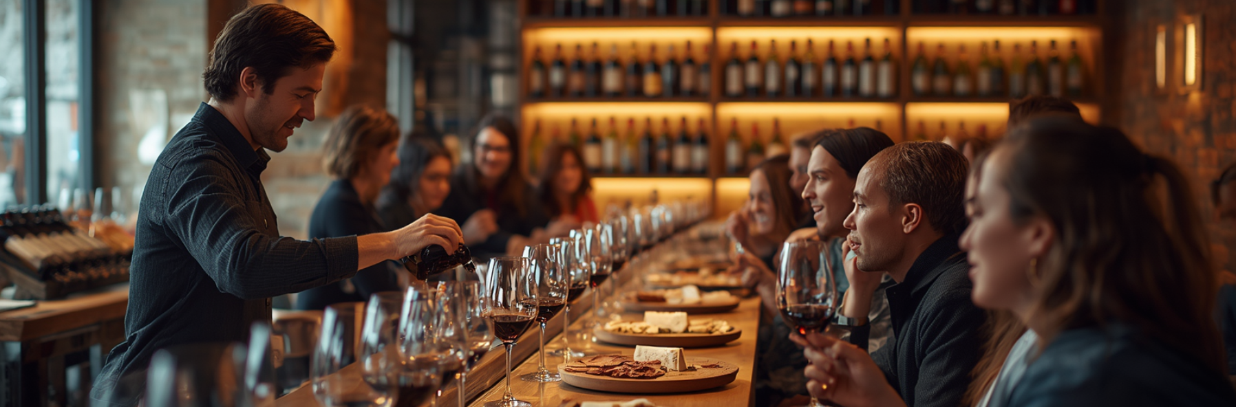 A sommelier presenting a bottle of wine to customers in a cozy wine bar, with glasses, charcuterie boards, and shelves of bottles in the background