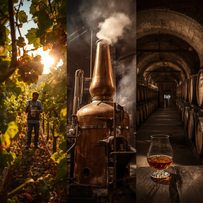 Processus de production du Cognac : vendange d'Ugni Blanc, double distillation en alambic charentais en cuivre et vieillissement en fûts de chêne