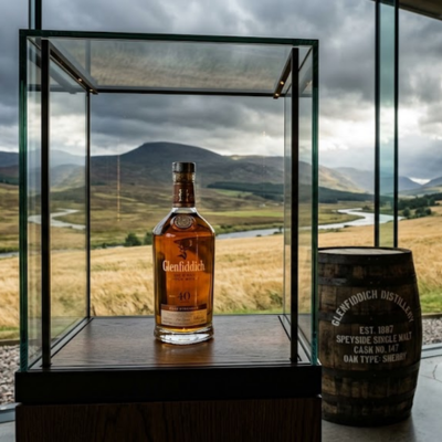 Bouteille de whisky single malt de collection et fût en chêne devant une baie vitrée donnant sur un champ d'orge