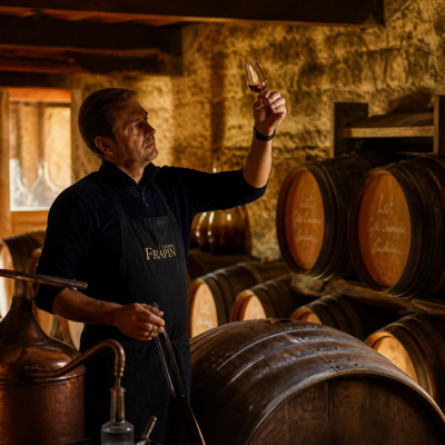 Un artisan maître de chai en chemise en lin examine un verre de cognac ambré dans un chai traditionnel de Charente, entouré de barriques en chêne et avec une vue sur les vignobles et un alambic en cuivre.
