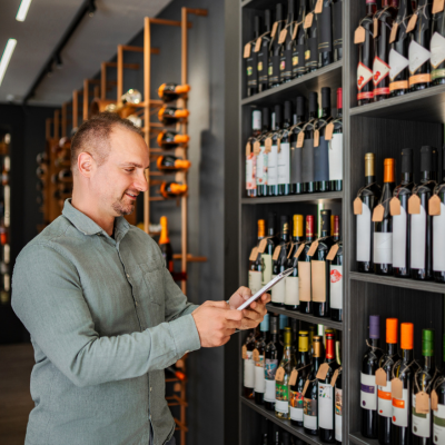 A wine and spirits buyer and sommelier examining a prestigious bottle in the cellar of a luxury hotel