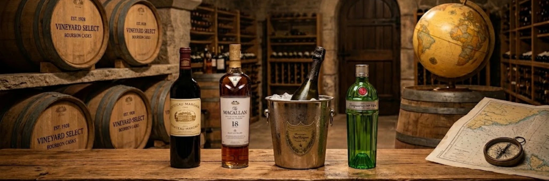 Banner for an importer of exceptional wines, champagnes, and spirits in a traditional wine cellar