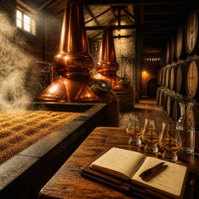 Infographie illustrant les 4 étapes de fabrication du whisky : maltage de l'orge, distillation en alambic en cuivre, vieillissement en fûts de chêne et assemblage par le maître de chai.