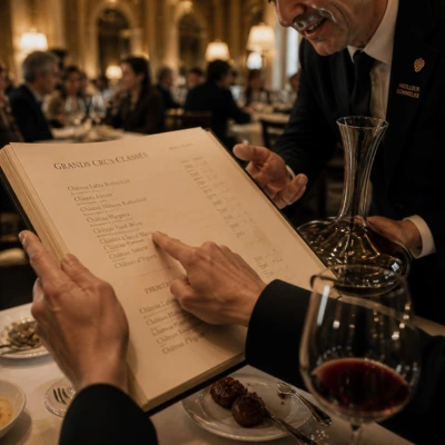 A sommelier displaying a bottle of Grand Cru in the vaulted cellar of a Parisian fine-dining restaurant