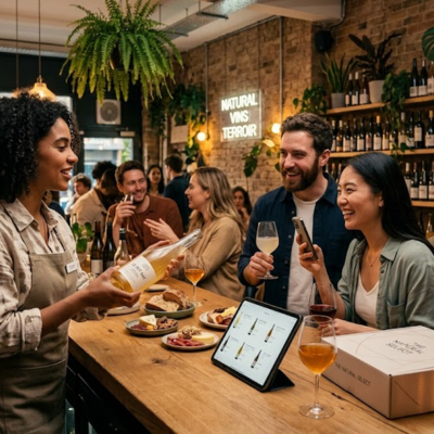 A modern, lively Parisian wine bar where customers enjoy natural and organic wines in a friendly atmosphere