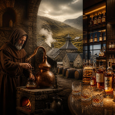 Illustration de l'histoire du whisky : un moine distillant au Moyen Âge, une distillerie traditionnelle écossaise et un bar à whisky moderne
