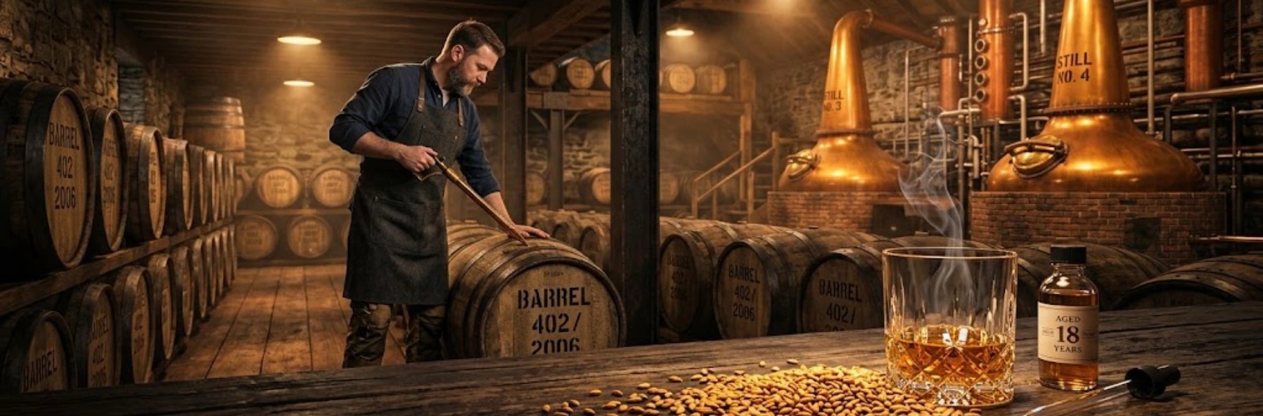 Distillateur inspectant un fût en chêne dans une distillerie avec alambics en cuivre, orge maltée et verre de whisky au premier plan