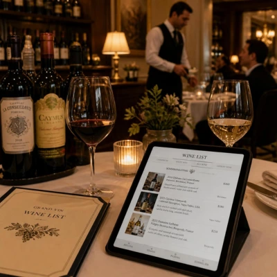 A digital wine list on a tablet in a fine-dining restaurant, surrounded by glasses and bottles of wine from independent winemakers