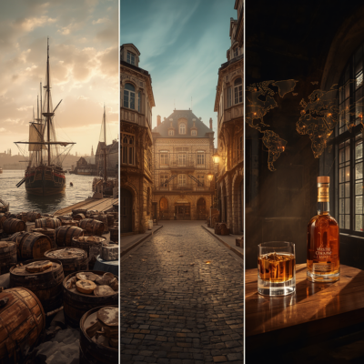 Illustration de l'histoire du Cognac : navires néerlandais du XVIIe siècle, maisons de négoce historiques et exportation mondiale moderne avec fûts de chêne et alambics en cuivre