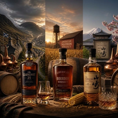 Bouteilles de Scotch whisky, bourbon américain et whisky japonais dans leurs distilleries traditionnelles.
